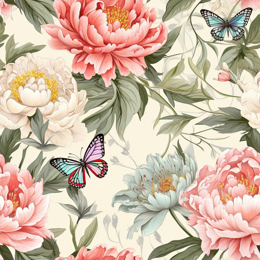 butterfly, floral pattern, peonies, pink flowers, coral blooms, white flowers, sage green leaves, cream background, botanical design, nature motif, spring theme, garden scene, delicate butterflies, layered petals, yellow stamens, soft pastels, quilting cotton, fabric panel, seamless repeat, vintage style