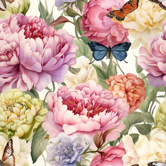 butterflies, peonies, floral pattern, pink flowers, purple blooms, yellow peonies, orange butterfly, blue butterfly, botanical design, vintage style, romantic florals, quilting cotton, fabric panel, spring theme, garden motif, watercolor effect, pastel colors, nature inspired, repeating pattern, delicate wings