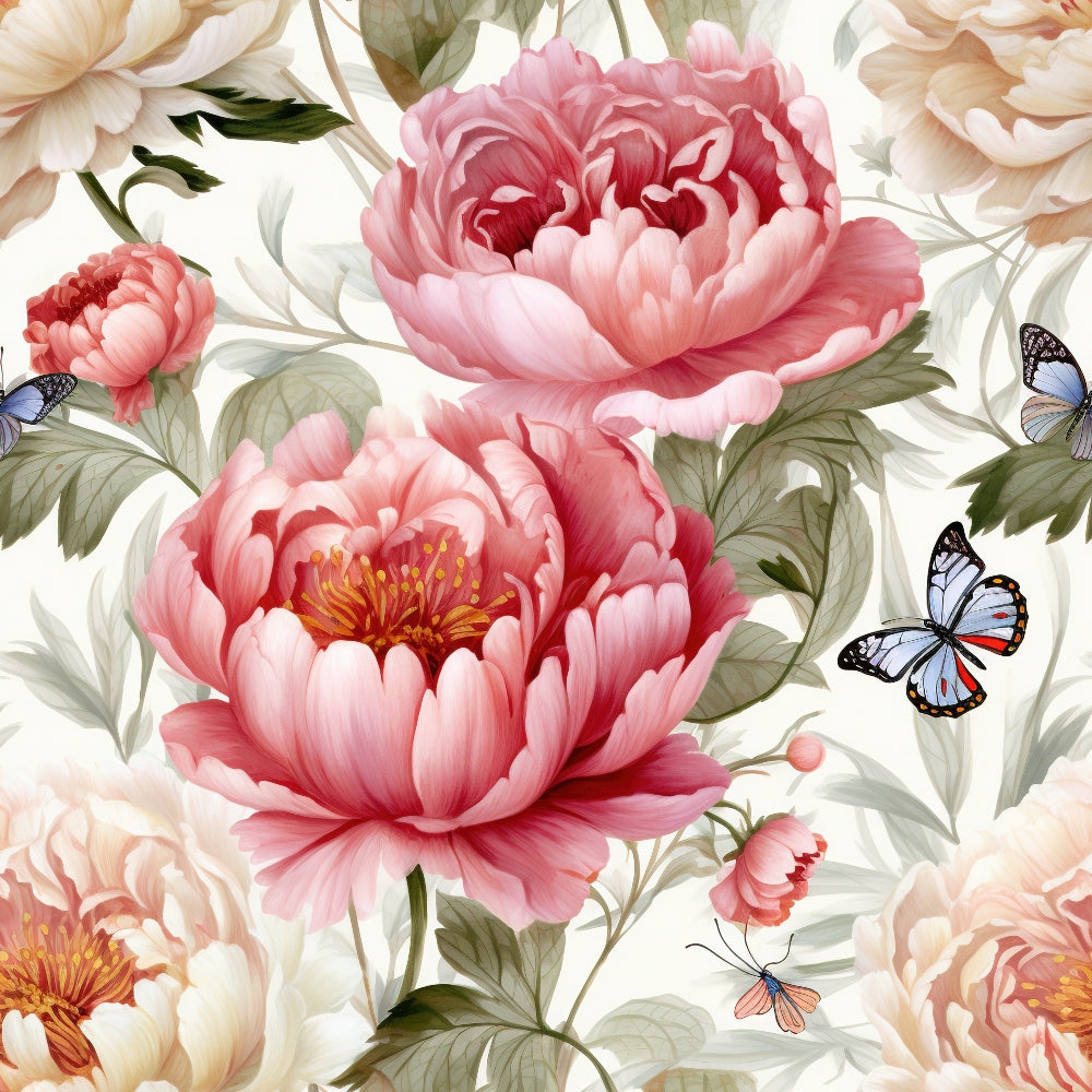 pink peonies, blue butterflies, cream background, floral pattern, botanical design, soft pastels, coral flowers, green leaves, romantic style, quilting cotton, fabric panel, garden theme, spring florals, delicate butterflies, peach blooms, nature motif, feminine colors, layered petals, whimsical design, blooming flowers