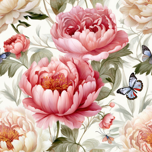 pink peonies, blue butterflies, cream background, floral pattern, botanical design, soft pastels, coral flowers, green leaves, romantic style, quilting cotton, fabric panel, garden theme, spring florals, delicate butterflies, peach blooms, nature motif, feminine colors, layered petals, whimsical design, blooming flowers