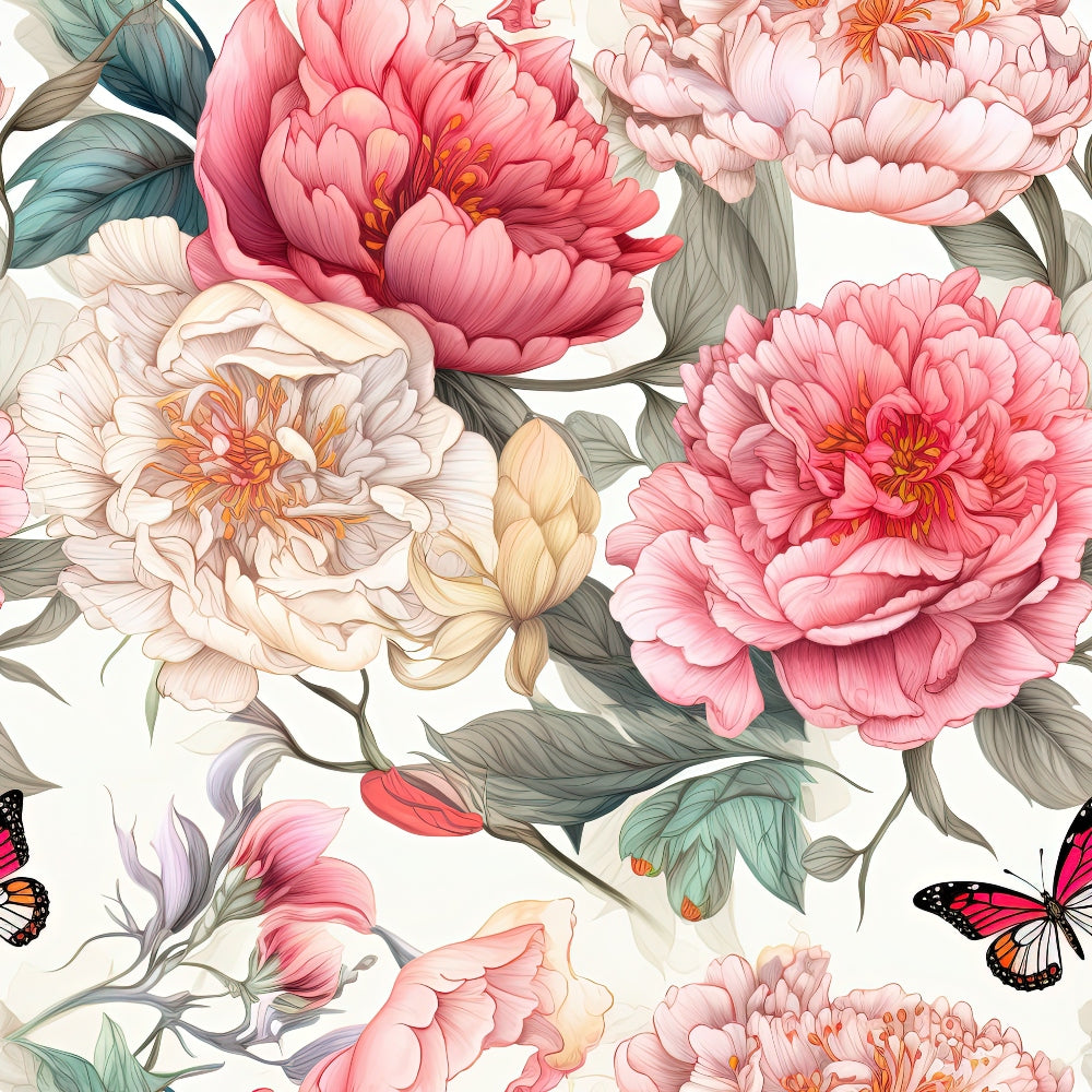 pink peonies, coral flowers, cream blooms, sage green leaves, butterfly motifs, floral pattern, botanical design, quilting cotton, fabric panel, layered petals, orange stamens, nature inspired, soft pastels, romantic florals, blooming flowers, garden theme, delicate butterflies, watercolor style, spring blooms, feminine colors