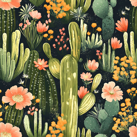 coral, orange, sage green, dark navy, cactus, desert plants, saguaro cactus, prickly pear, wildflowers, blooms, botanical pattern, desert garden, southwestern, nature motif, quilting cotton, fabric panel, floral accents, desert landscape, succulent plants, warm tones