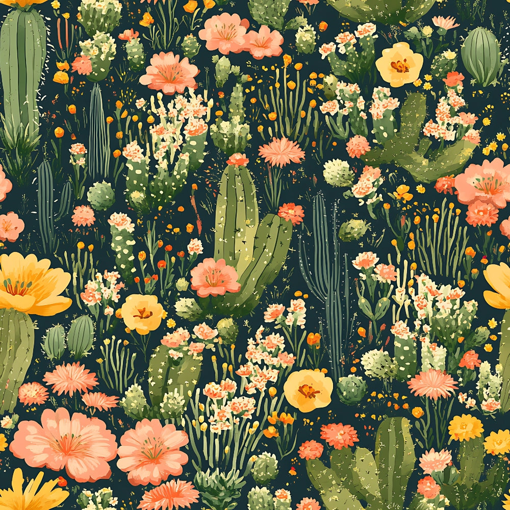 Floral pattern featuring various cacti and flowers in shades of green, pink, and yellow on a dark background.