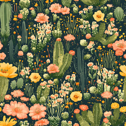 Floral pattern featuring various cacti and flowers in shades of green, pink, and yellow on a dark background.