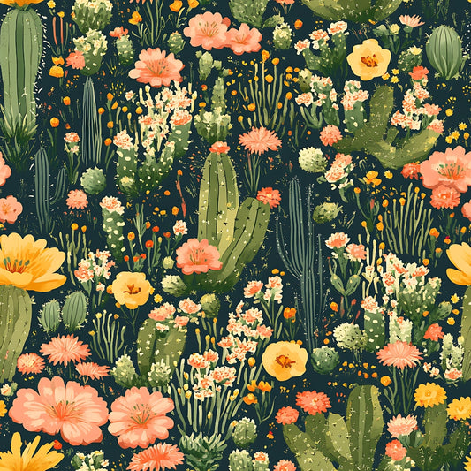 Floral pattern featuring various cacti and flowers in shades of green, pink, and yellow on a dark background.