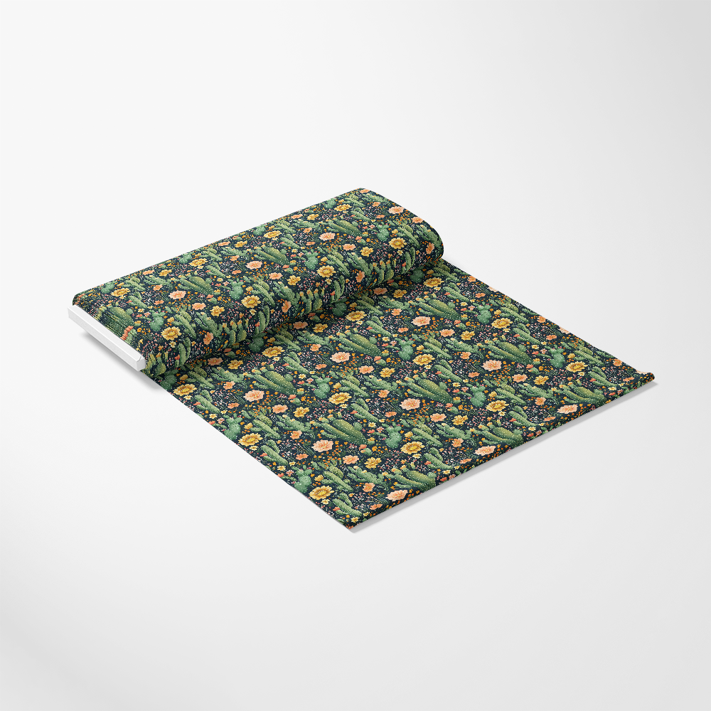 A roll of wallpaper with a colorful floral and cactus pattern on a white background.