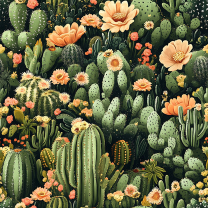 cactus pattern, desert plants, succulent design, coral flowers, peach blooms, sage green, forest green, botanical print, prickly pear, barrel cactus, saguaro cactus, flowering cacti, quilting cotton, fabric panel, nature motif, southwestern style, dusty rose, cream flowers, spines and thorns, desert garden