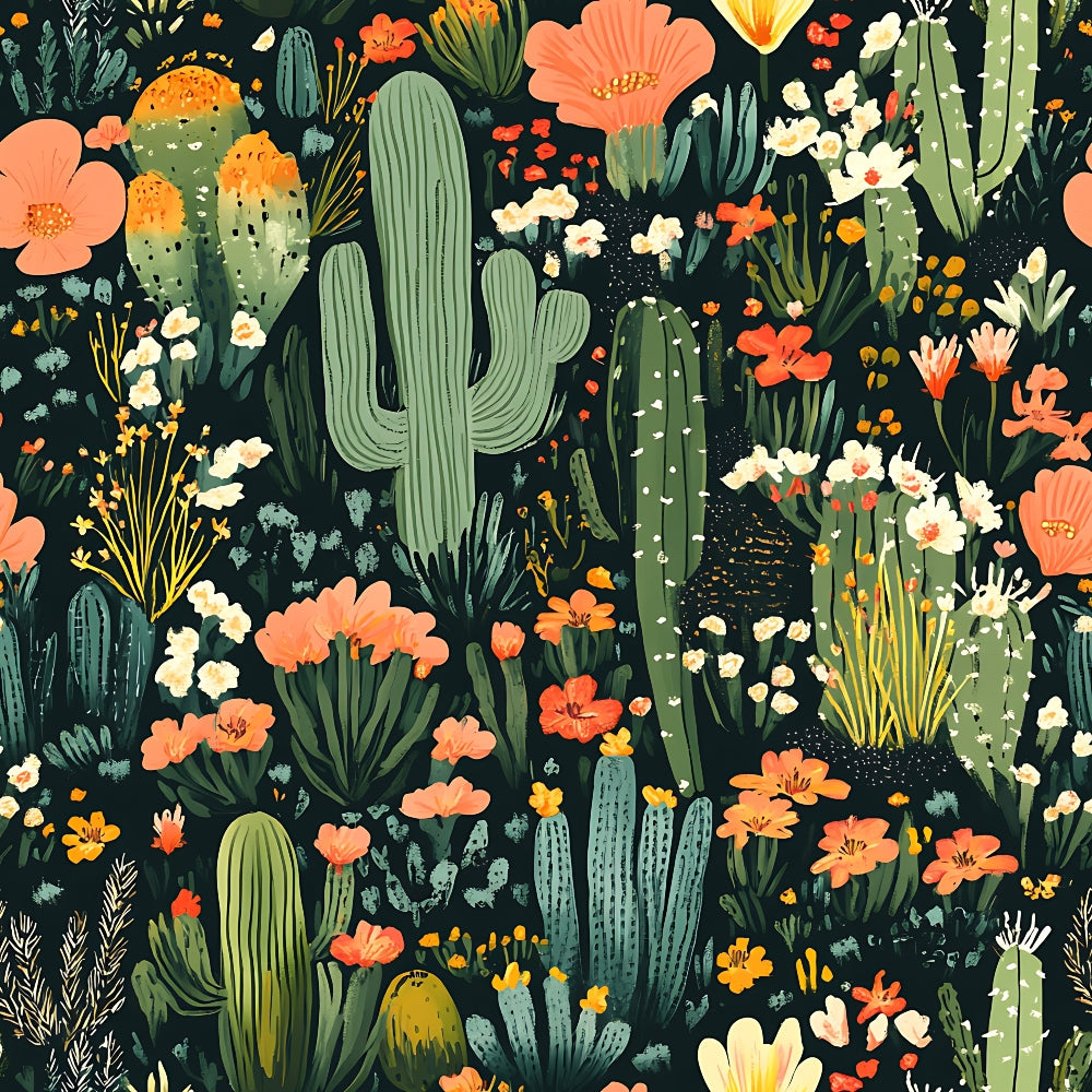 cactus pattern, desert flora, coral flowers, sage green, peach blooms, white flowers, yellow accents, dark background, botanical design, succulent plants, saguaro cactus, prickly pear, desert wildflowers, quilting cotton, fabric panel, southwestern theme, nature motif, floral cactus, desert garden, stylized illustration