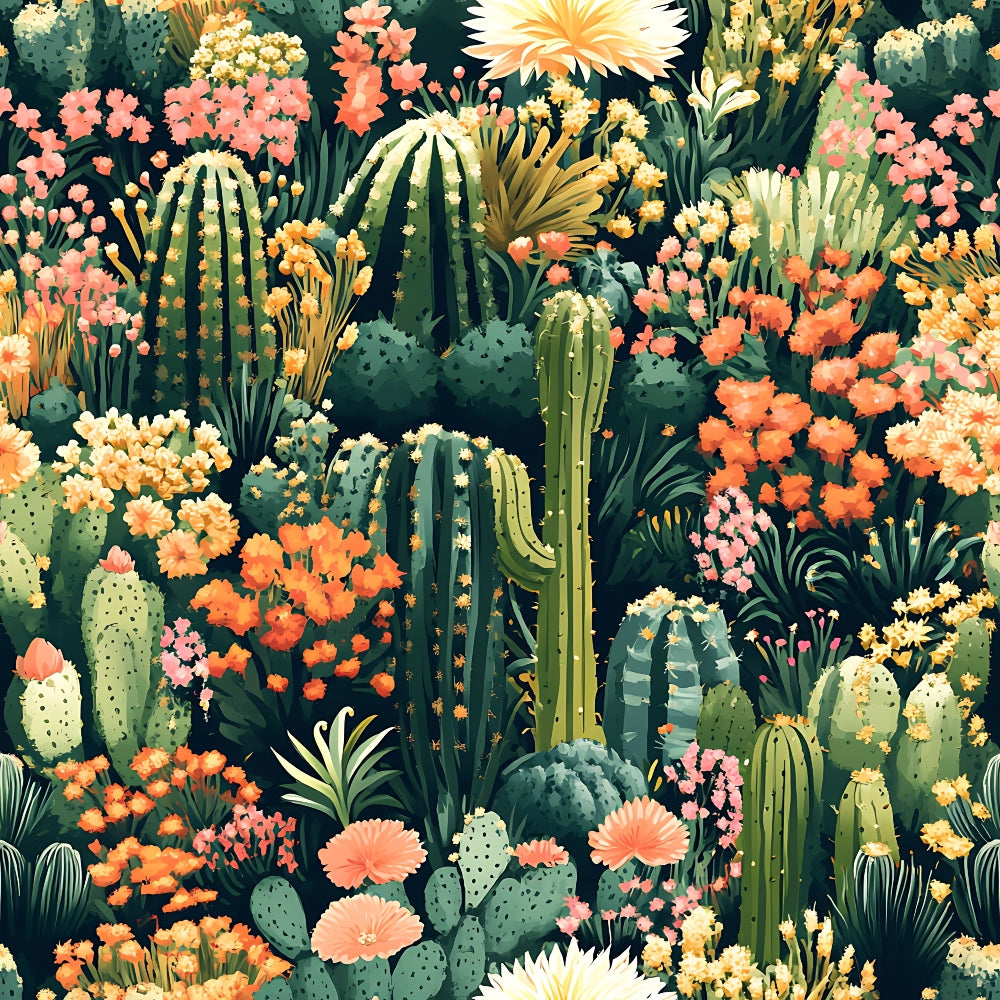 cactus, succulents, desert plants, coral flowers, peach blooms, yellow flowers, green cacti, botanical pattern, saguaro cactus, prickly pear, barrel cactus, flowering desert, nature motif, quilting cotton, fabric panel, seamless repeat, vibrant colors, desert garden, blooming cacti, tropical flora
