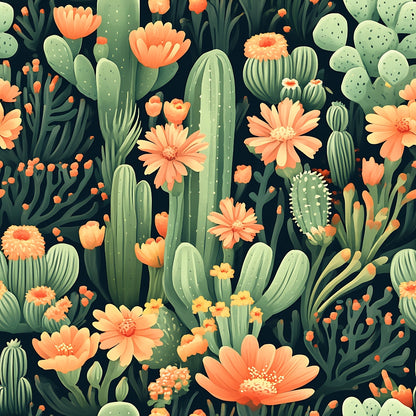 coral flowers, peach blooms, sage green, mint green, dark background, cactus pattern, desert plants, succulent design, prickly pear, barrel cactus, botanical print, quilting cotton, fabric panel, southwestern style, floral cactus, desert garden, seamless pattern, nature motif, blooming cacti, desert flora