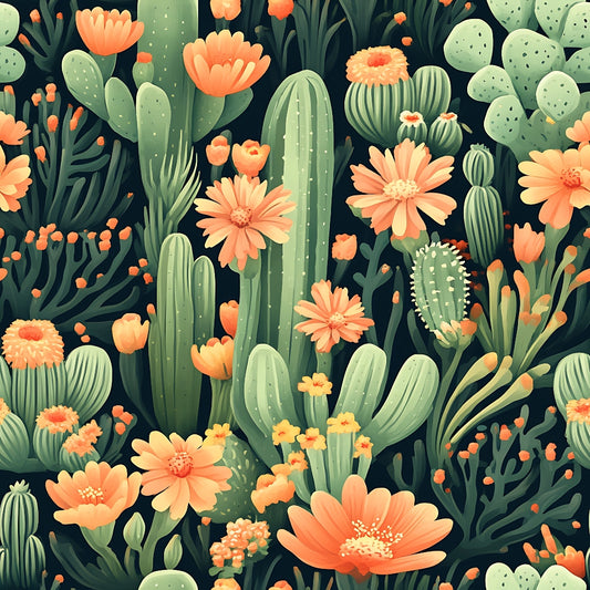 Illustration of various cacti and succulents with orange flowers against a dark background.