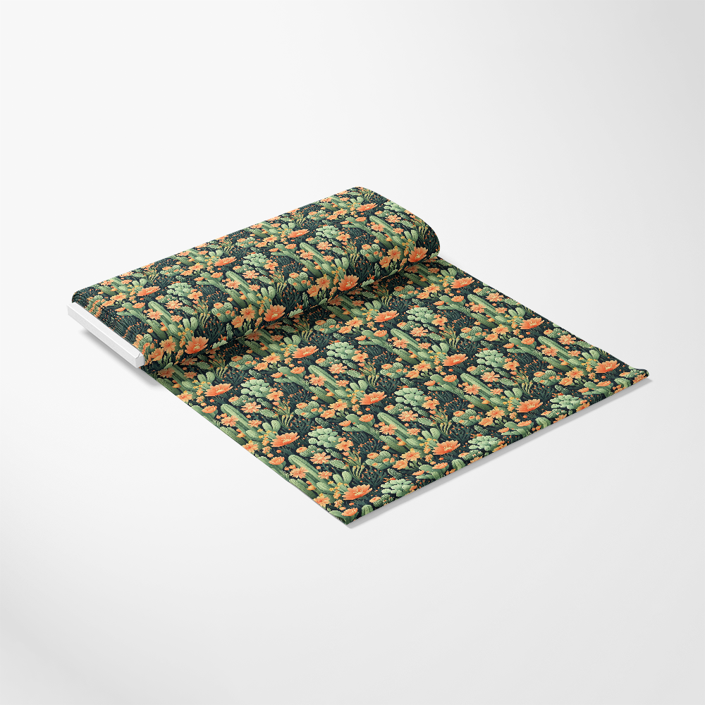 A roll of floral patterned wallpaper with orange and green botanical designs on a white background, partially unrolled.