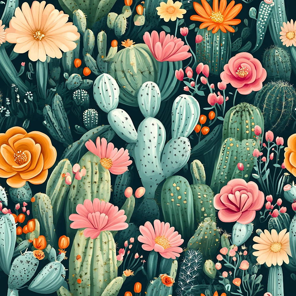 cactus pattern, succulent plants, coral pink flowers, peach blooms, orange blossoms, sage green, teal background, desert flora, botanical illustration, prickly pear, barrel cactus, flowering cacti, quilting cotton, fabric panel, southwestern theme, nature motif, floral accents, desert garden, seamless repeat, contemporary style