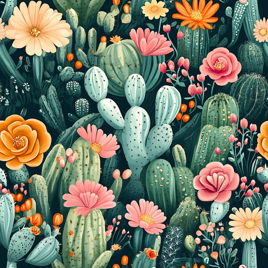cactus pattern, succulent plants, coral pink flowers, peach blooms, orange blossoms, sage green, teal background, desert flora, botanical illustration, prickly pear, barrel cactus, flowering cacti, quilting cotton, fabric panel, southwestern theme, nature motif, floral accents, desert garden, seamless repeat, contemporary style
