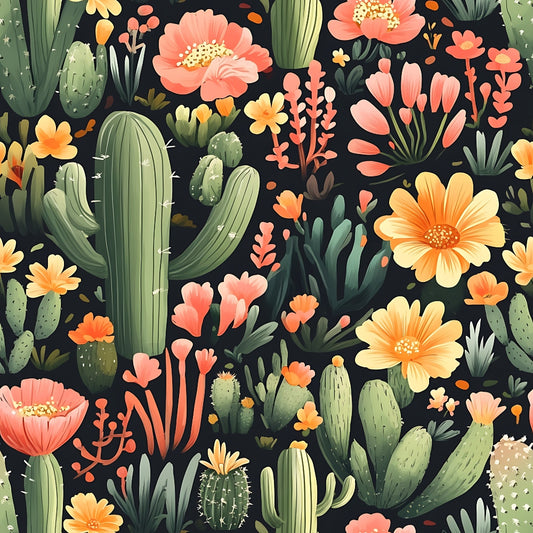 cactus, succulents, desert plants, coral flowers, peach blooms, orange blossoms, yellow flowers, green cacti, sage green, black background, botanical pattern, desert garden, prickly pear, saguaro cactus, floral motif, quilting cotton, fabric panel, southwestern theme, nature design, desert flora