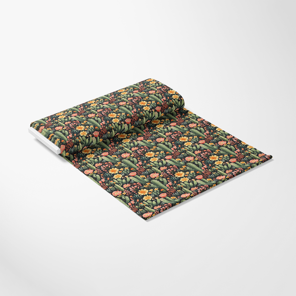 Rolled-out fabric with a colorful cactus and flower pattern on a white background.