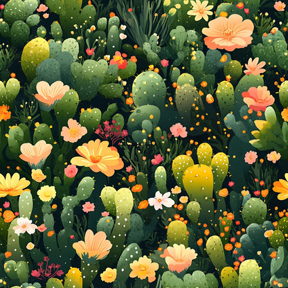 cactus pattern, desert plants, coral flowers, peach blooms, sage green, olive green, yellow cacti, prickly pear, succulent garden, botanical design, floral accents, orange dots, quilting cotton, fabric panel, whimsical illustration, nature motif, spring colors, seamless repeat, craft fabric, southwestern theme