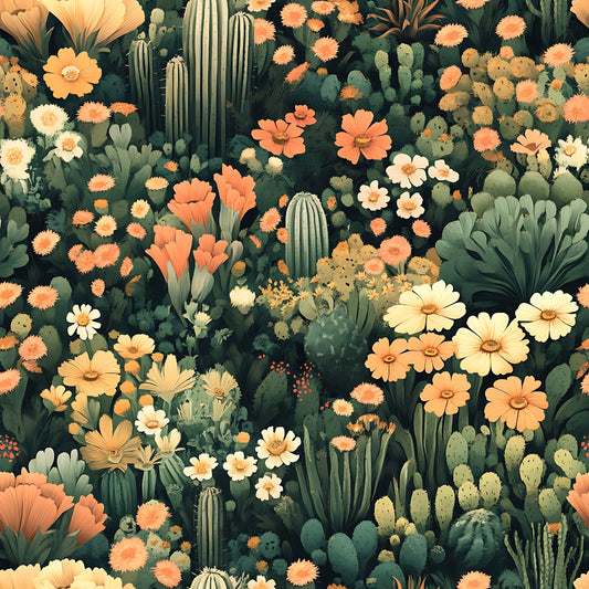 Illustrated desert scene with various cacti and flowers in shades of green, yellow, and orange, densely packed to create a lush, vibrant landscape.