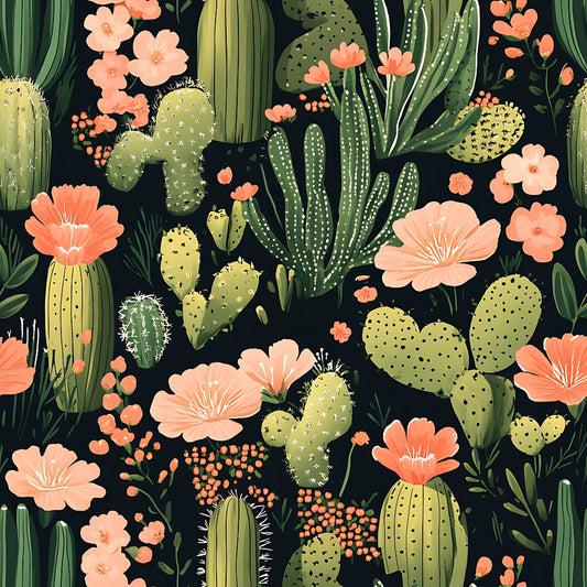 coral flowers, peach blooms, green cacti, desert plants, succulent garden, prickly pear, saguaro cactus, botanical pattern, floral motif, black background, coral pink, sage green, quilting cotton, fabric panel, nature design, desert theme, blooming cacti, southwestern style, organic shapes, seamless pattern