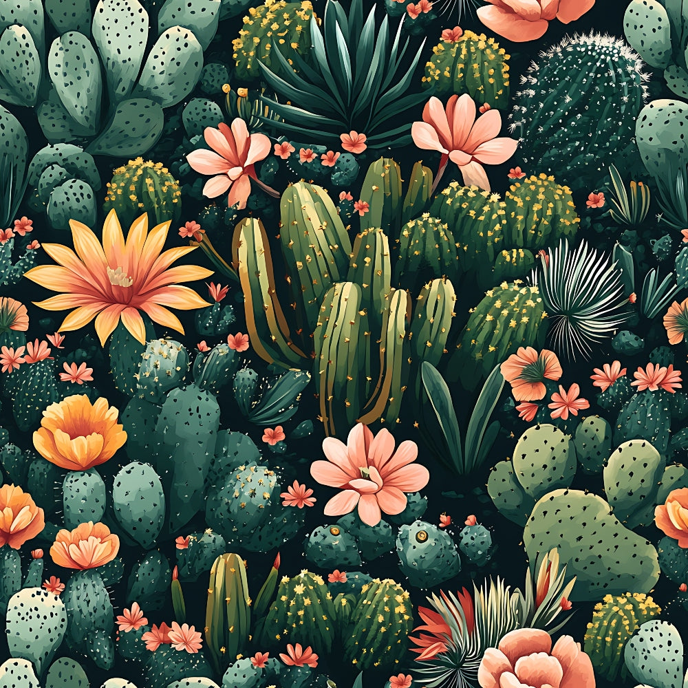 coral flowers, sage green, cactus pattern, succulent design, desert plants, botanical illustration, prickly pear, saguaro cactus, peach blossoms, golden yellow, quilting cotton, fabric panel, seamless repeat, tropical style, southwestern theme, nature motif, floral accents, green foliage, desert garden, artistic rendering