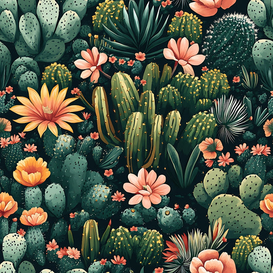 coral flowers, sage green, cactus pattern, succulent design, desert plants, botanical illustration, prickly pear, saguaro cactus, peach blossoms, golden yellow, quilting cotton, fabric panel, seamless repeat, tropical style, southwestern theme, nature motif, floral accents, green foliage, desert garden, artistic rendering