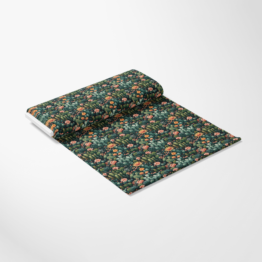 A rolled-out sheet of dark floral wallpaper with colorful, small flowers and green leaves on a white surface.