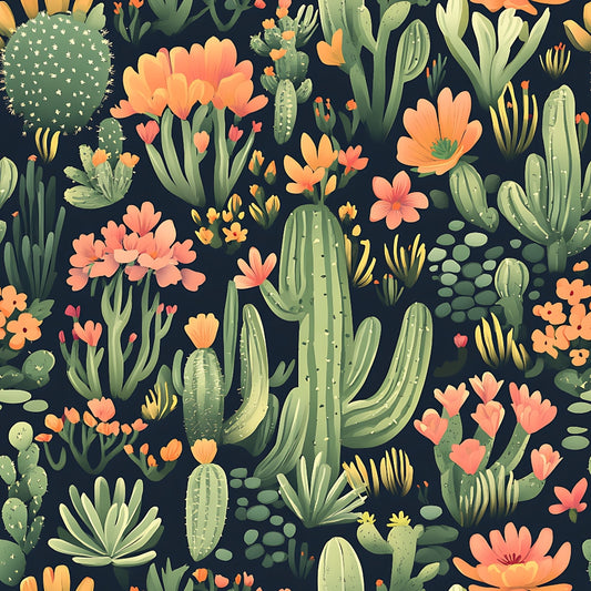 Illustration of various cacti and succulents with orange and yellow flowers on a dark background.