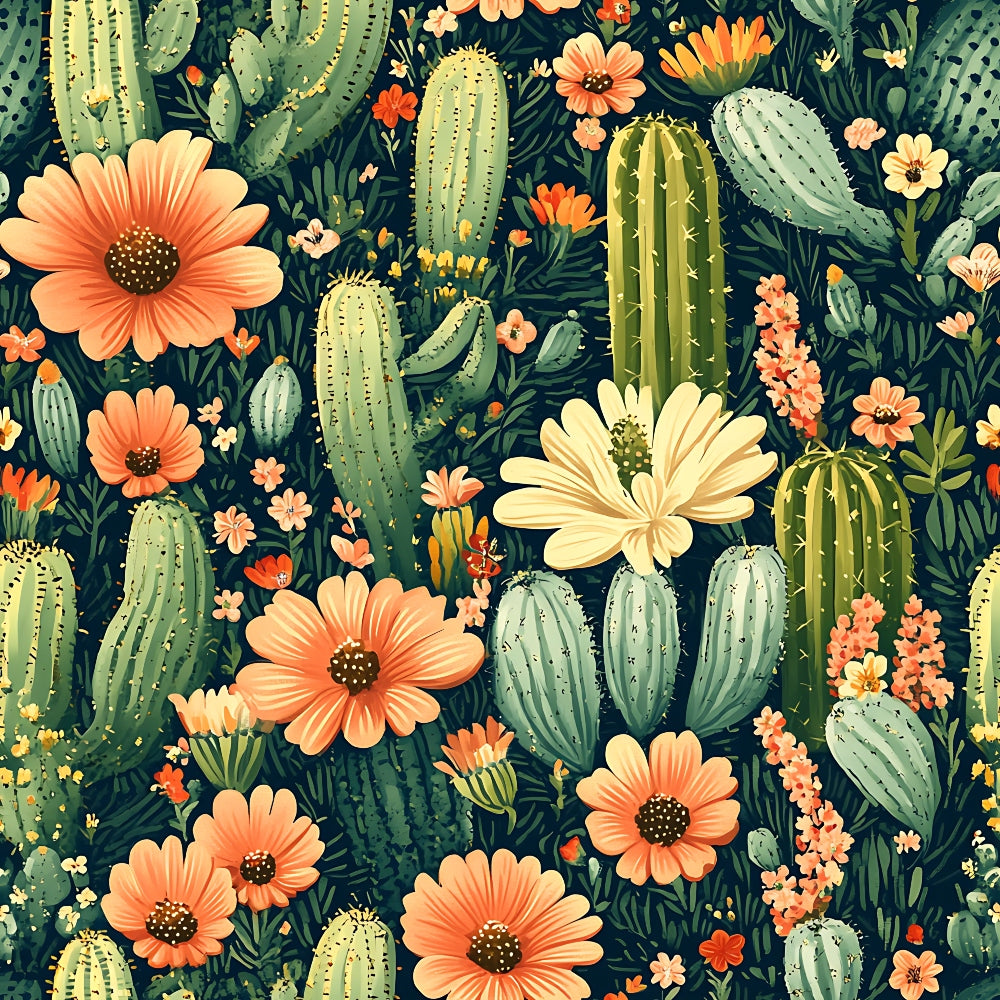 cactus, succulents, coral flowers, peach blooms, sage green, forest green, orange petals, cream flowers, desert plants, botanical pattern, floral design, southwestern style, nature motif, quilting cotton, fabric panel, seamless repeat, blooming cacti, desert garden, warm palette, organic shapes