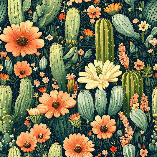 Illustration of a dense floral pattern with cacti, large orange flowers, and various small flowers in green foliage.