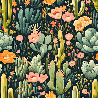cactus pattern, desert flora, succulents, coral flowers, peach blooms, sage green, dark navy background, botanical design, quilting cotton, fabric panel, southwestern style, prickly pear, saguaro cactus, floral accents, nature motif, vintage illustration, organic shapes, warm tones, desert garden, blooming cacti