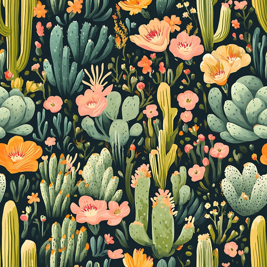 Illustration of various cacti and succulents with pink and yellow flowers on a dark background, creating a dense botanical pattern.