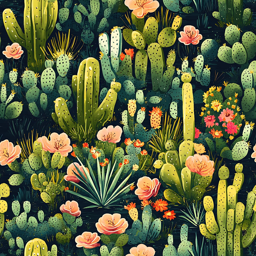 cactus pattern, desert plants, succulent garden, coral flowers, peach blooms, sage green, forest green, yellow green, botanical illustration, prickly pear, saguaro cactus, desert flora, quilting cotton, fabric panel, seamless repeat, nature motif, southwestern style, desert landscape, vibrant florals, tropical vibes