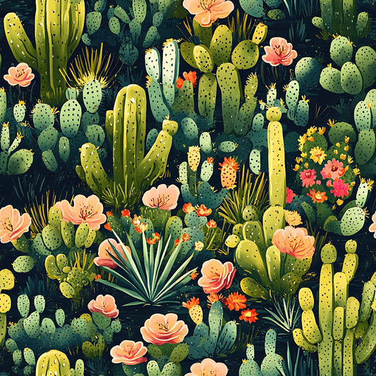 Illustration of various cacti and succulents with pink and orange flowers, set against a dark background.