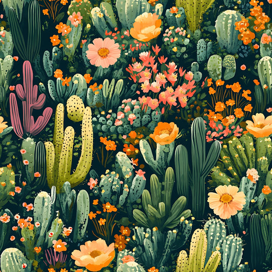 Illustrated pattern of various cacti and succulents with colorful blooms, featuring yellow, pink, and orange flowers on a dark background.