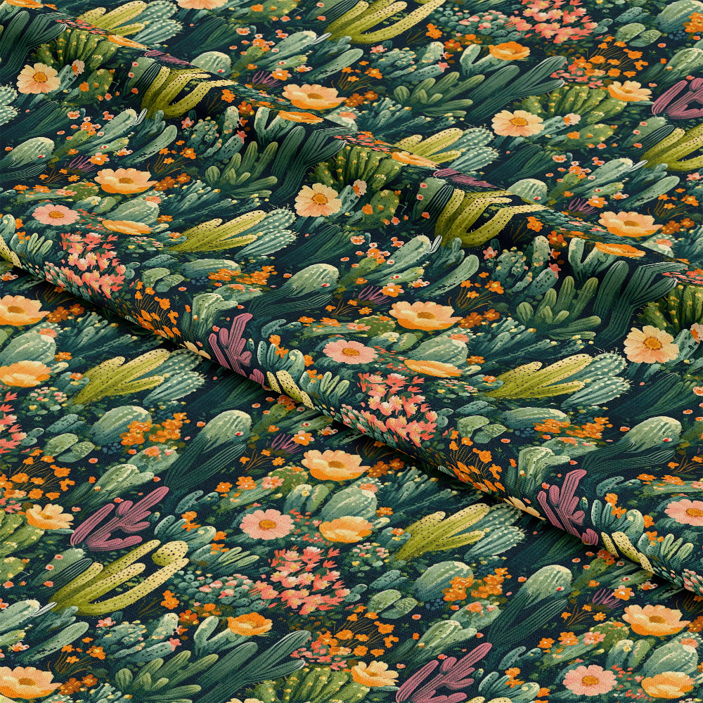 Fabric with a vibrant pattern of various cacti and flowers in green, pink, orange, and yellow tones, laid flat in folds.