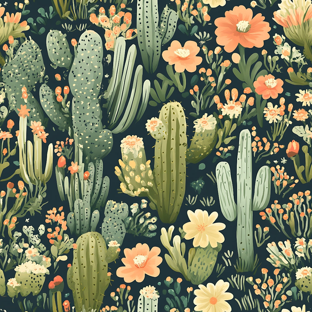 sage green, coral pink, peach, cream, navy background, cactus pattern, desert flora, blooming flowers, succulent plants, prickly pear, saguaro cactus, botanical illustration, vintage style, whimsical design, quilting cotton, fabric panel, southwestern theme, floral motifs, repeating pattern, nature inspired