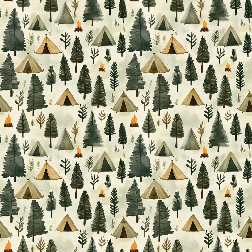 camping pattern, forest scene, outdoor adventure, tent motifs, pine trees, evergreen trees, campfire flames, nature theme, green foliage, beige background, brown earth tones, orange flames, quilting cotton, fabric panel, woodland design, camping gear, forest adventure, outdoor lifestyle, nature illustration, repeating pattern