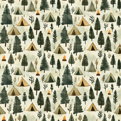 camping pattern, forest scene, outdoor adventure, tent motifs, pine trees, evergreen trees, campfire flames, nature theme, green foliage, beige background, brown earth tones, orange flames, quilting cotton, fabric panel, woodland design, camping gear, forest adventure, outdoor lifestyle, nature illustration, repeating pattern