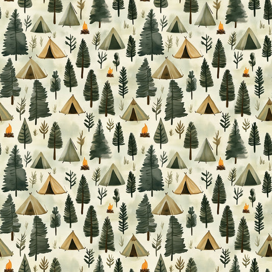 camping pattern, forest scene, outdoor adventure, tent motifs, pine trees, evergreen trees, campfire flames, nature theme, green foliage, beige background, brown earth tones, orange flames, quilting cotton, fabric panel, woodland design, camping gear, forest adventure, outdoor lifestyle, nature illustration, repeating pattern