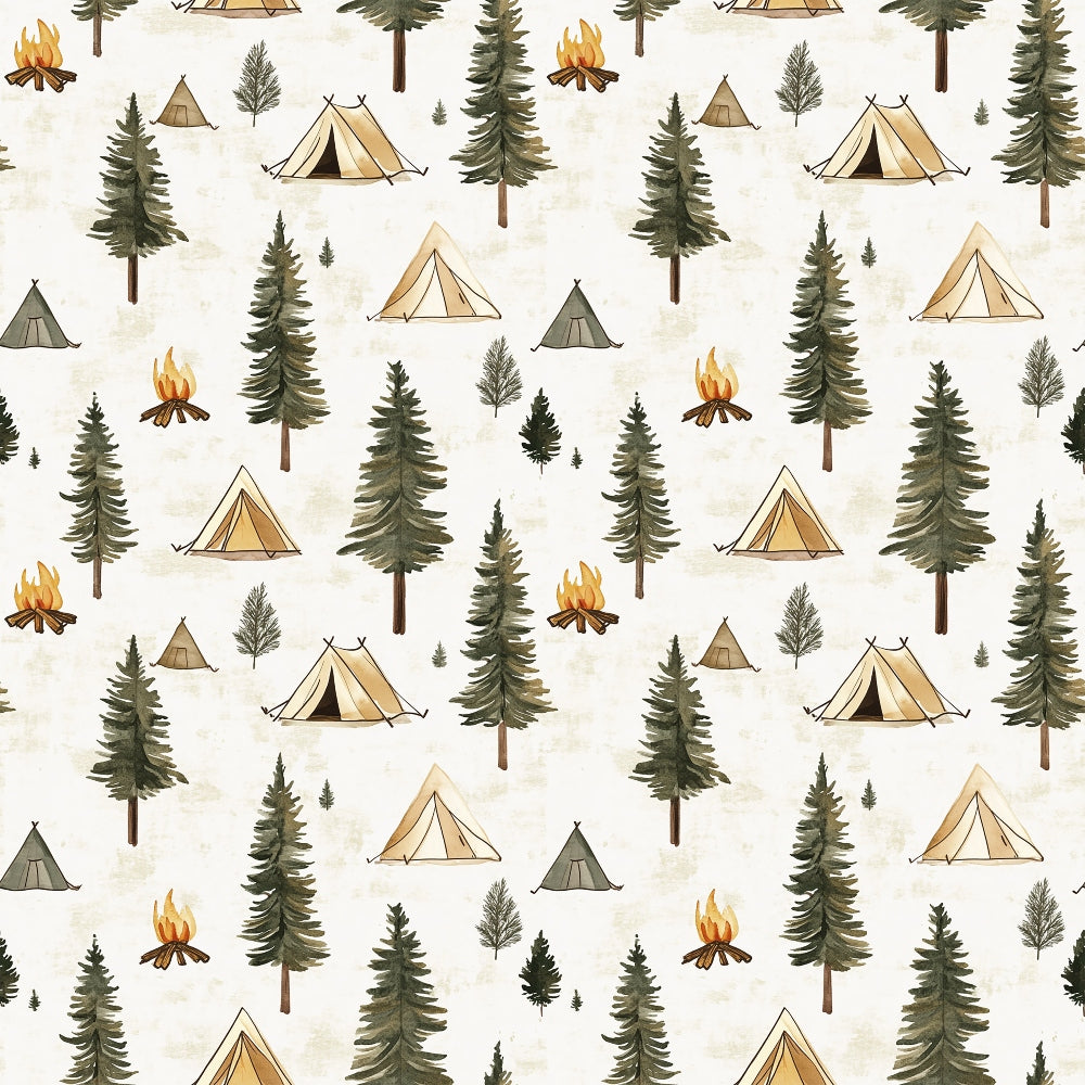 camping pattern, forest scene, pine trees, evergreen trees, canvas tents, campfire flames, outdoor adventure, wilderness theme, nature motifs, green trees, beige tents, orange flames, cream background, quilting cotton, fabric panel, camping gear, woodland design, rustic style, outdoor recreation, seamless repeat