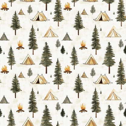 camping pattern, forest scene, pine trees, evergreen trees, canvas tents, campfire flames, outdoor adventure, wilderness theme, nature motifs, green trees, beige tents, orange flames, cream background, quilting cotton, fabric panel, camping gear, woodland design, rustic style, outdoor recreation, seamless repeat
