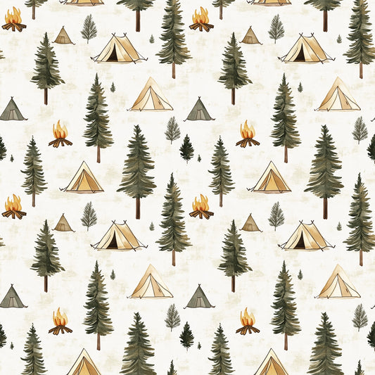 camping pattern, forest scene, pine trees, evergreen trees, canvas tents, campfire flames, outdoor adventure, wilderness theme, nature motifs, green trees, beige tents, orange flames, cream background, quilting cotton, fabric panel, camping gear, woodland design, rustic style, outdoor recreation, seamless repeat