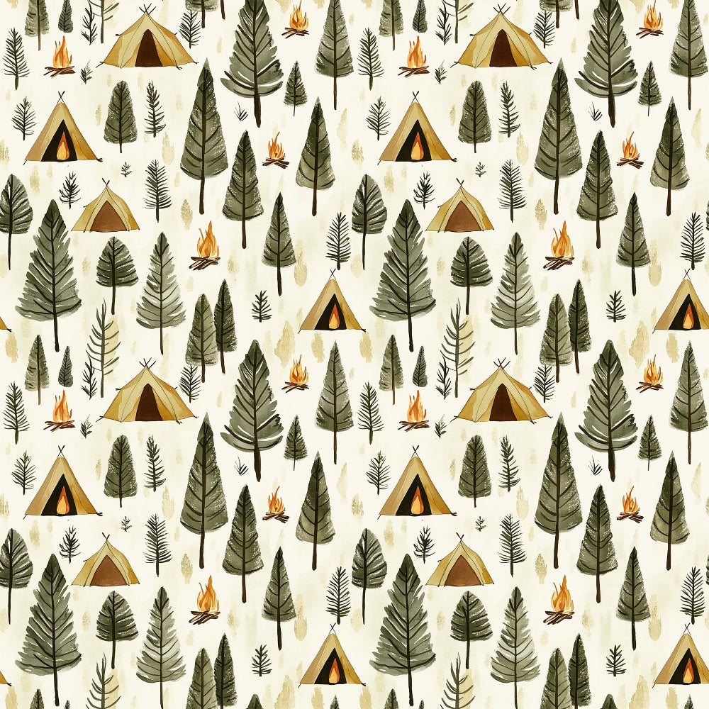 camping theme, forest pattern, quilting cotton, fabric panel, outdoor adventure, wilderness design, repeating pattern, nature motif, camping tents, triangular tents, evergreen trees, pine trees, campfire flames, forest green, beige background, cream backdrop, orange flames, brown tree trunks, woodland scene, camping fabric, quilting material