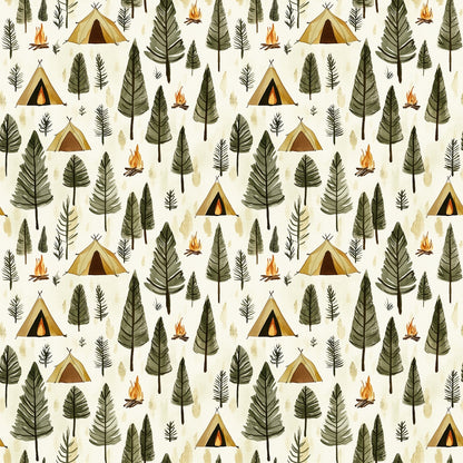 camping theme, forest pattern, quilting cotton, fabric panel, outdoor adventure, wilderness design, repeating pattern, nature motif, camping tents, triangular tents, evergreen trees, pine trees, campfire flames, forest green, beige background, cream backdrop, orange flames, brown tree trunks, woodland scene, camping fabric, quilting material