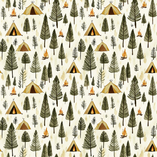 camping theme, forest pattern, quilting cotton, fabric panel, outdoor adventure, wilderness design, repeating pattern, nature motif, camping tents, triangular tents, evergreen trees, pine trees, campfire flames, forest green, beige background, cream backdrop, orange flames, brown tree trunks, woodland scene, camping fabric, quilting material
