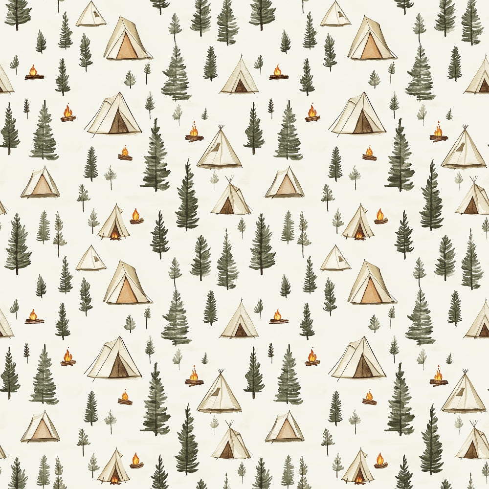 camping theme, forest pattern, triangular tents, evergreen trees, pine trees, campfires, outdoor adventure, beige background, sage green, earth tones, brown accents, orange flames, wilderness scene, nature motif, quilting cotton, fabric panel, camping gear, woodland design, scattered pattern, outdoor lifestyle