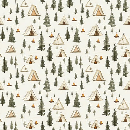 camping theme, forest pattern, triangular tents, evergreen trees, pine trees, campfires, outdoor adventure, beige background, sage green, earth tones, brown accents, orange flames, wilderness scene, nature motif, quilting cotton, fabric panel, camping gear, woodland design, scattered pattern, outdoor lifestyle