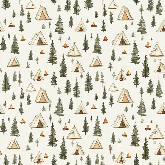 camping theme, forest pattern, triangular tents, evergreen trees, pine trees, campfires, outdoor adventure, beige background, sage green, earth tones, brown accents, orange flames, wilderness scene, nature motif, quilting cotton, fabric panel, camping gear, woodland design, scattered pattern, outdoor lifestyle