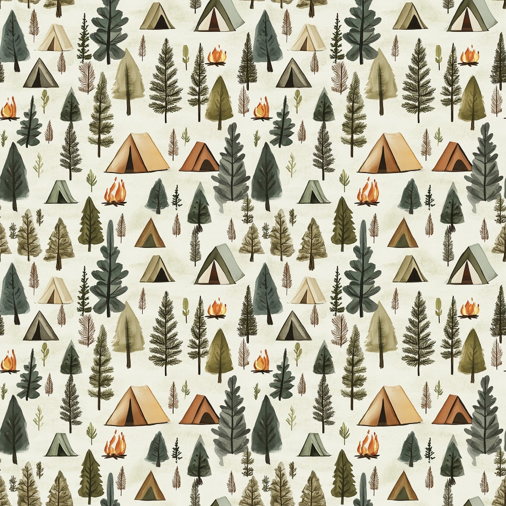 camping pattern, forest scene, tent designs, campfire motifs, tree silhouettes, evergreen trees, pine trees, nature theme, outdoor adventure, woodland pattern, beige background, green trees, orange flames, brown tents, earth tones, quilting cotton, repeating pattern, camping theme, forest elements, wilderness design