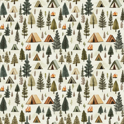 camping pattern, forest scene, tent designs, campfire motifs, tree silhouettes, evergreen trees, pine trees, nature theme, outdoor adventure, woodland pattern, beige background, green trees, orange flames, brown tents, earth tones, quilting cotton, repeating pattern, camping theme, forest elements, wilderness design